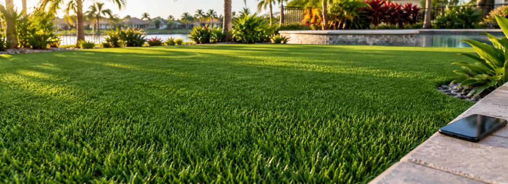 Synthetic turf landscape with a smartphone, illustrating Turf USA phone and online assistance
