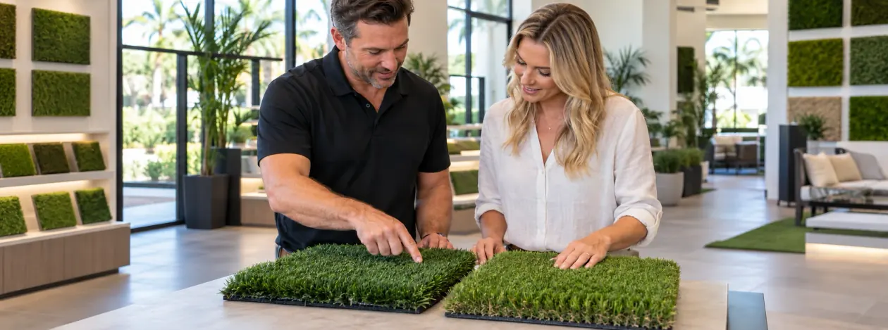 Two people comparing artificial turf samples in a consultation setting