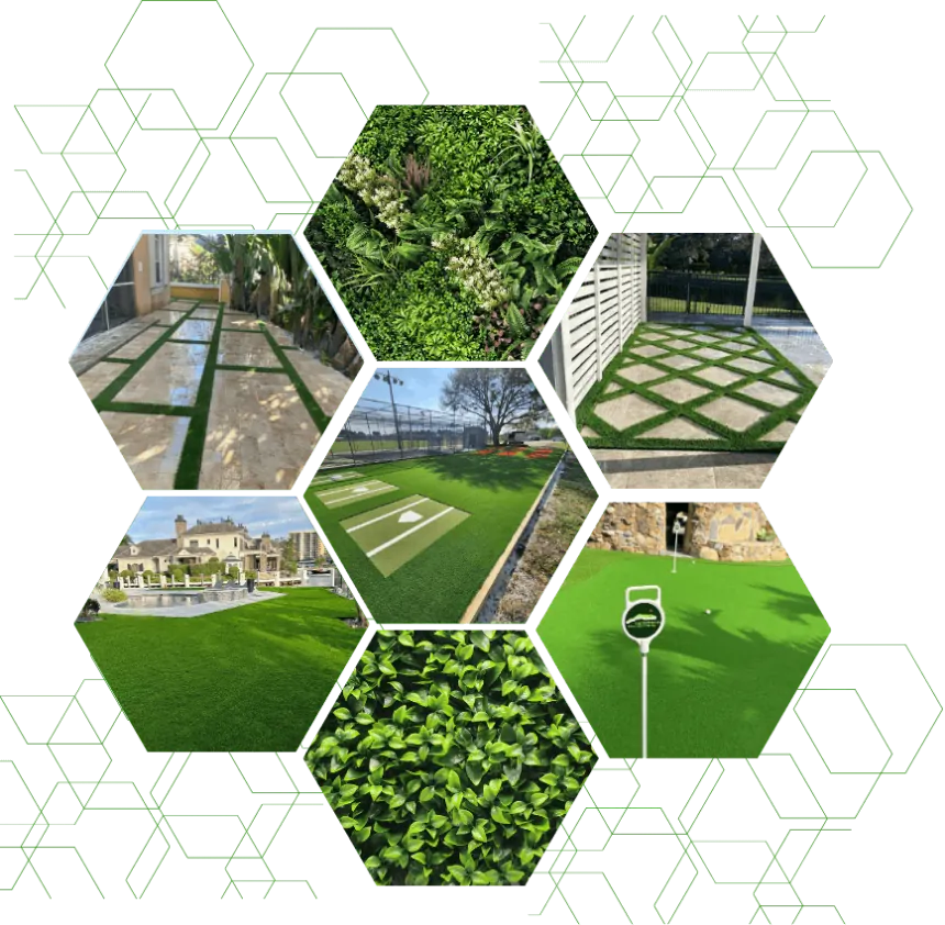 Synthetic turf lawns, putting greens, paver accents and ivy in a hexagon project collage