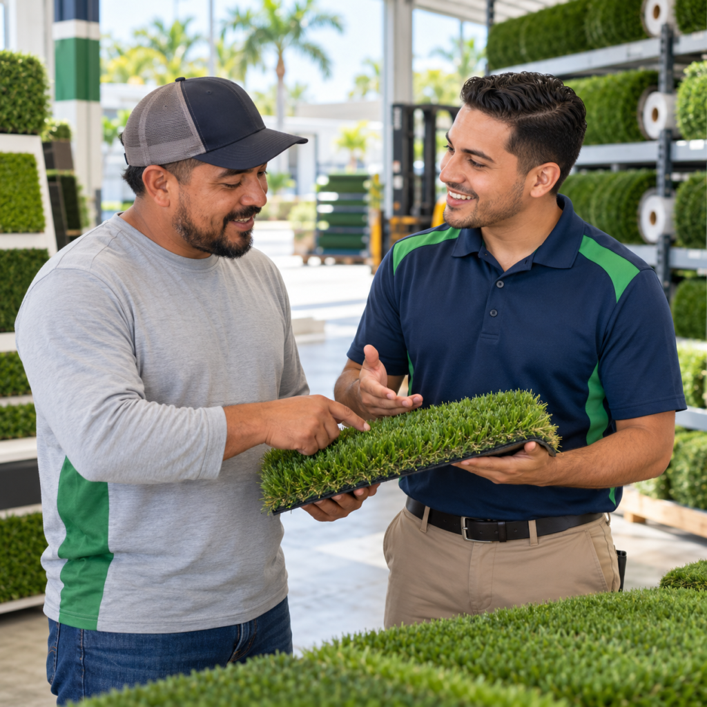 Turf USA representative helping a Florida contractor choose artificial turf